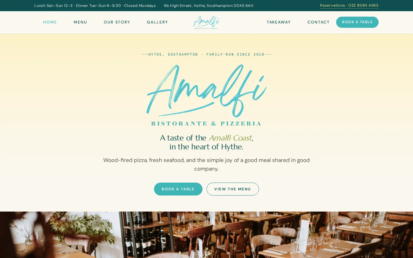 Amalfi Ristorante & Pizzeria website, desktop view