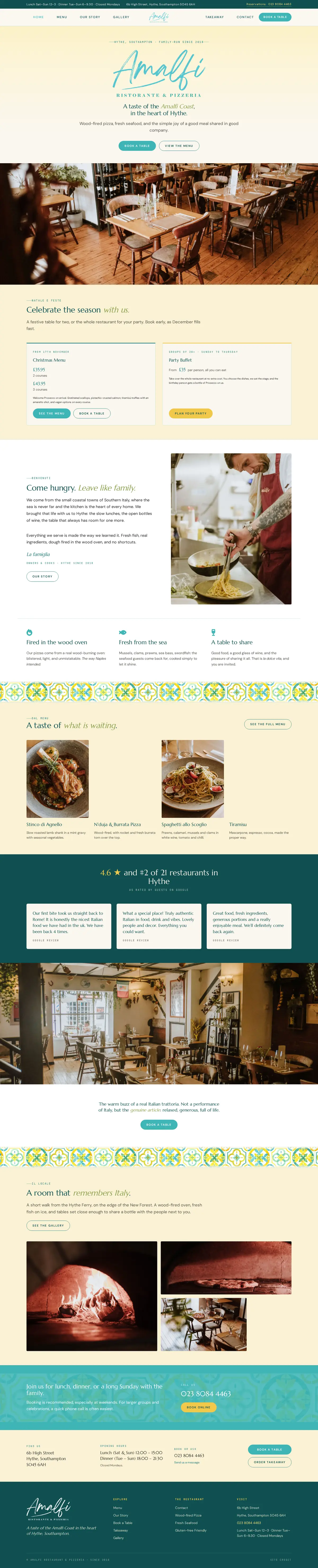 Amalfi Ristorante & Pizzeria website, full homepage