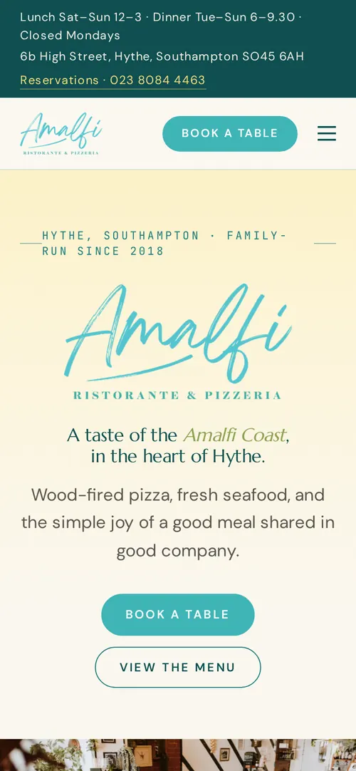 Amalfi Ristorante & Pizzeria website on a phone