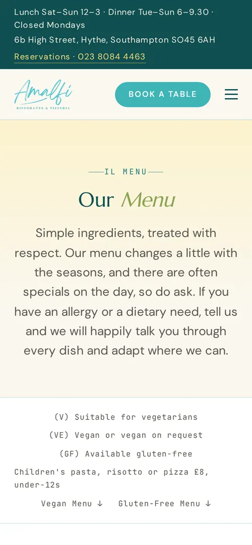 Amalfi Ristorante & Pizzeria website on a phone