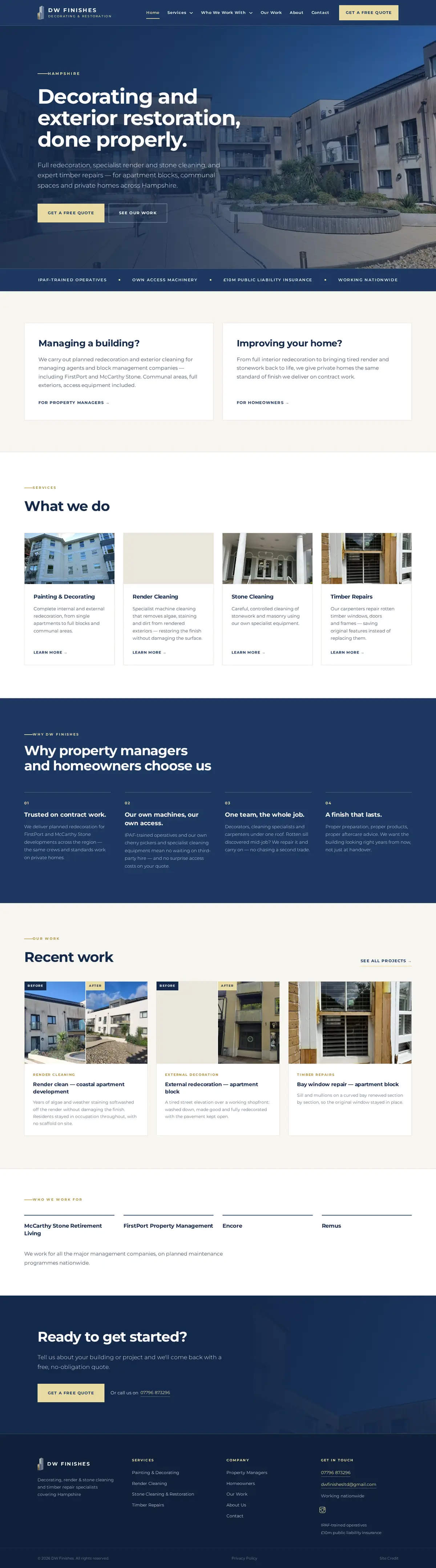 DW Finishes website, full homepage